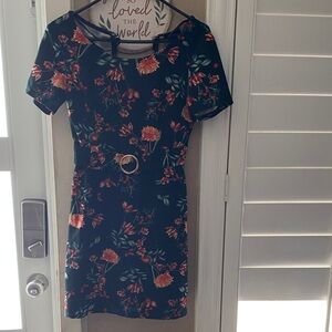 B Darlin Black Mini Dress with Orange Floral Print and Ring Belt